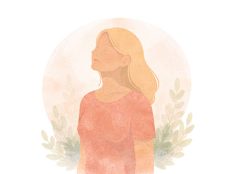 A woman with closed eyes, serene expression, in a pink shirt. Pastel background with soft leaves and a warm, calming aura.