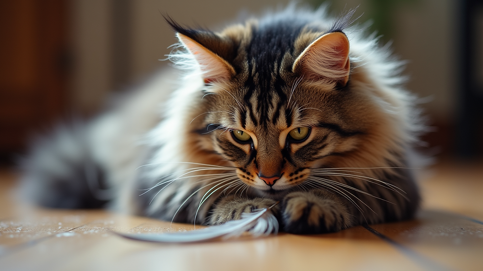 Close-up view of a Maine Coon cat playing with a feather toy