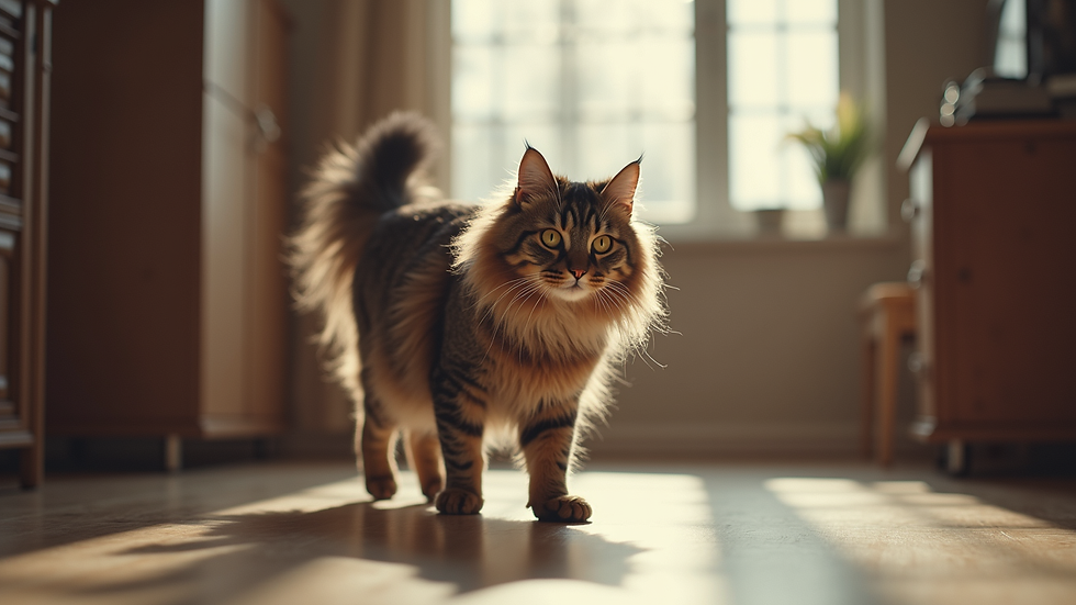 Eye-level view of a Maine Coon cat walking gracefully indoors