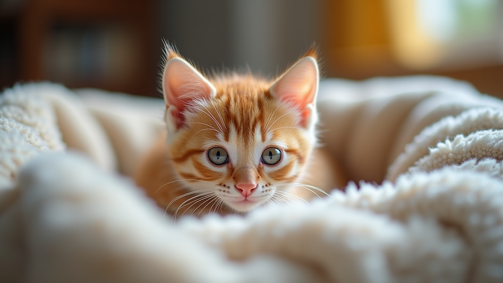 Eye-level view of a cozy kitten bed with soft blankets