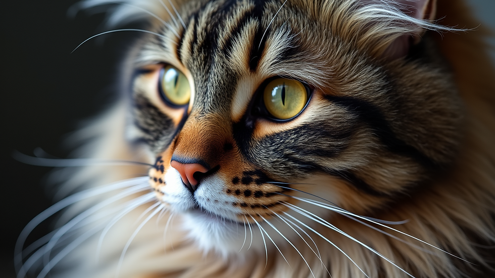 Close-up view of a Maine Coon cat’s thick fur and expressive eyes