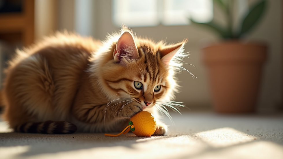 Close-up view of a Maine Coon cat playing with a toy in a sunlit room