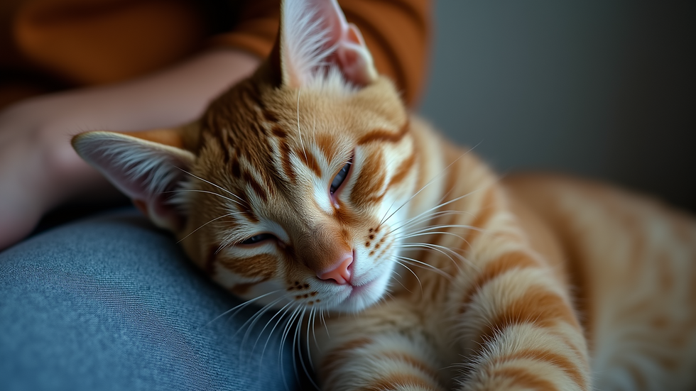Close-up of a cat resting its head on a person's lap showing trust