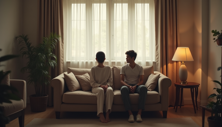 Eye-level view of a cozy living room with soft lighting and a couple sitting quietly on a couch