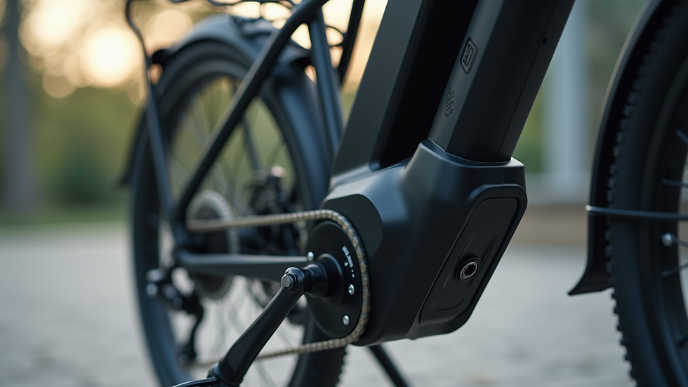 Close-up view of electric bike motor and battery