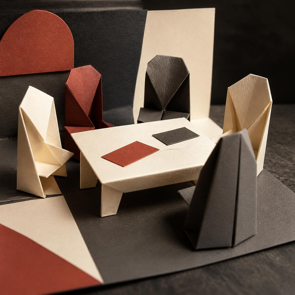 Diorama in carta ritagliata di un tavolo riunioni con sedute geometriche in stile grafico, nei toni crema, nero e bordeaux — rappresentazione della consulenza HR per aziende