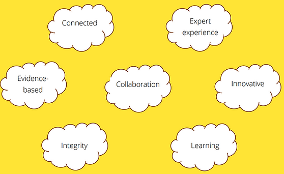 Connected, Expert Experience, Innovation, Learning, Integrity, Evidence-Based, Collaboration