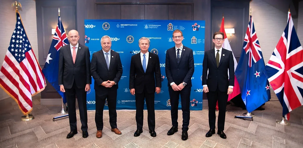 From left to right: Australian Security Intelligence Organization Director-General Mike Burgess, Canadian Security Intelligence Service Director David Vigneault, FBI Director Christopher Wray, New Zealand Security Intelligence Service Director-General of Security and Chief Executive Andrew Hampton, and MI5 Director General Ken McCallum pose for a group photo during the Emerging Technology and Securing Innovation Summit in Palo Alto, California, on October 16, 2023.