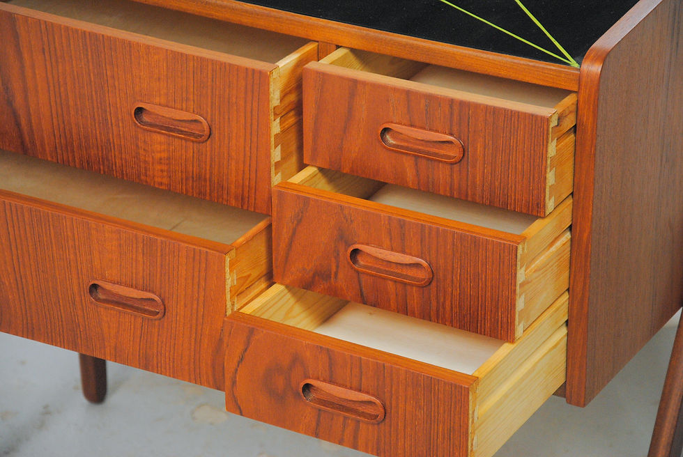 Thumbnail: 1960s Teak Vanity Table and Two Nightstands with Decorated Glass Tabletops
