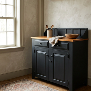 Early American dry sink in Historic Charcoal with cherry top, featuring a basin-style top, drawers above paneled doors, and a balanced horizontal form in a bright interior setting