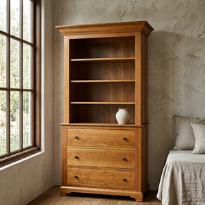 Early American open dresser in solid cherry with upper shelving and lower drawers, defined by a balanced vertical form
