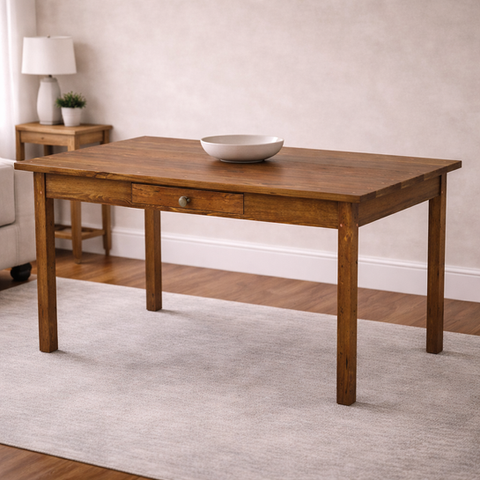 The New Haven early American colonial dining table in Heritage Amber with straight legs and central drawer.