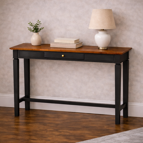 The Stratford early American console table in Historic Charcoal with single drawer and slim architectural profile.