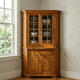 The Wethersfield corner hutch in Heritage Amber with multi-pane glazed doors and paneled lower cabinet.