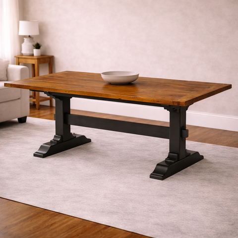 The Newport early American trestle table in Heritage Amber with plank top and traditional trestle base.