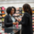 A black woman picking up product at the counter checkout speaking with the black woman bea