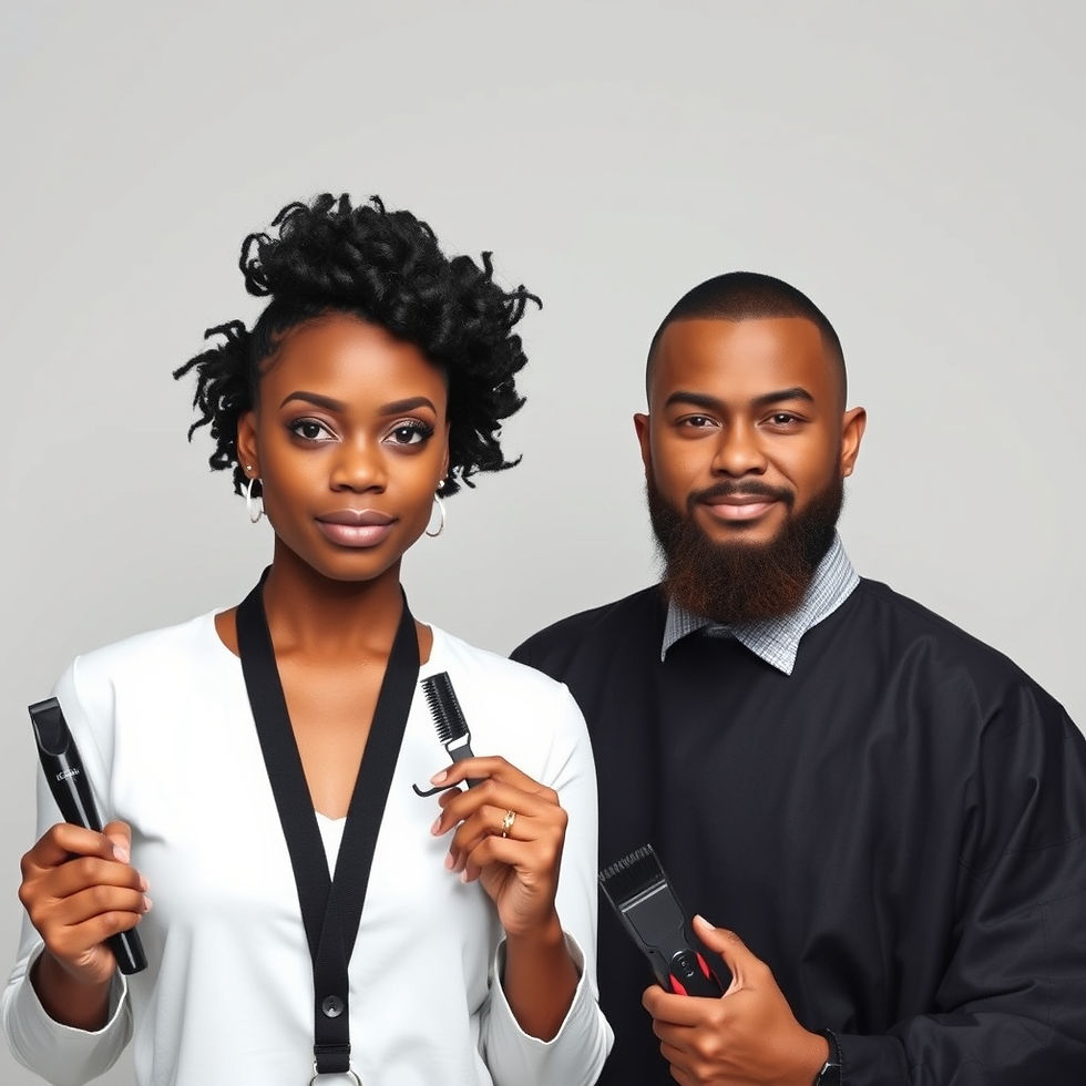 a black professional hair stylist and a barber side by side with appropriate tools posing
