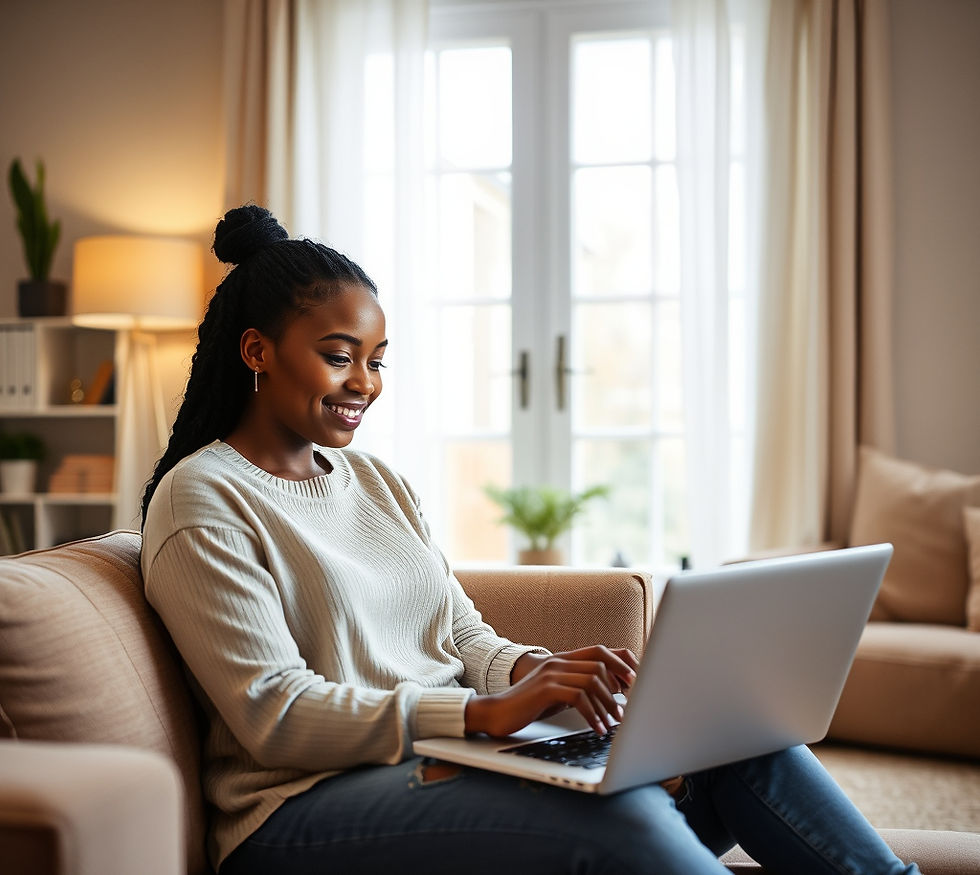 a black woman on her laptop sitting in her living room while shopping online looking at Ar