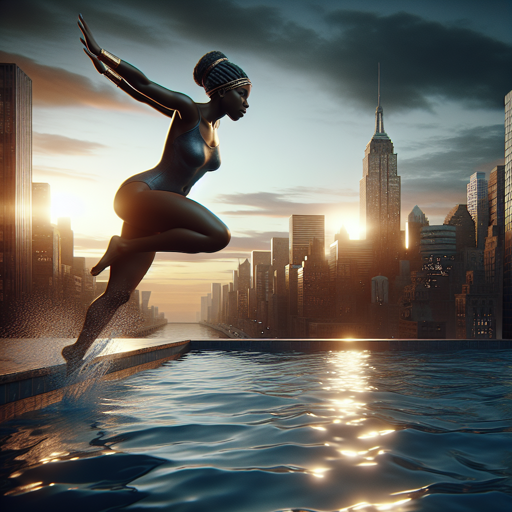 Black woman jumping in pool