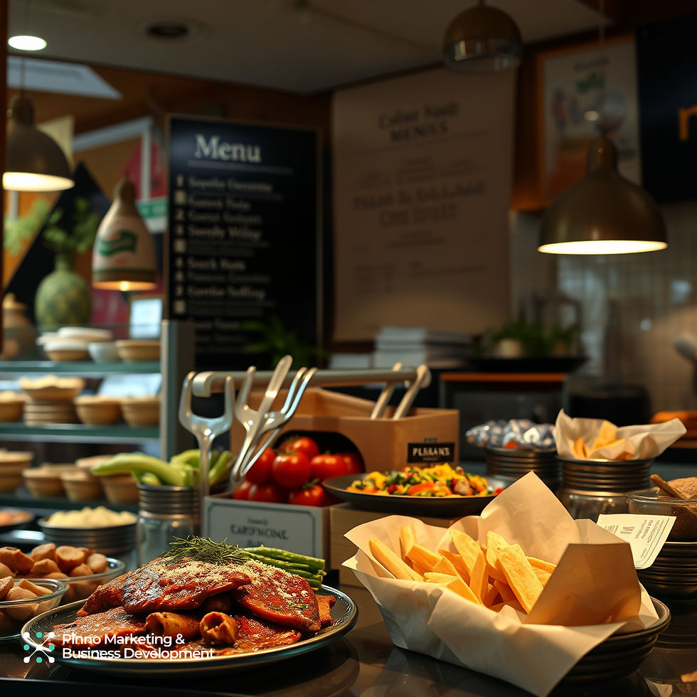 High angle view of a balanced menu board with diverse food and drink options