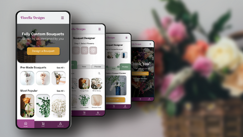 Mobile App mockup images over an image of flowers in a wicker basket.