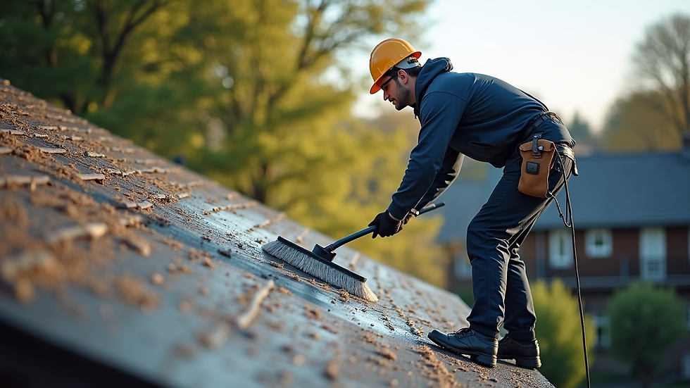 High angle view of a professional cleaning a home's roof