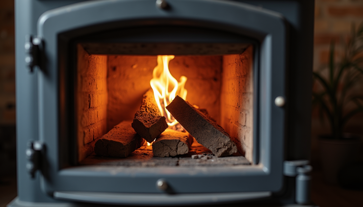 Eye-level view of a clean log burner with its door open, showing the empty firebox ready for maintenance