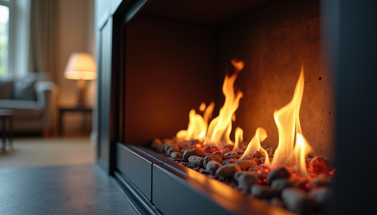 Close-up view of a modern gas fire with realistic flames in a Suffolk home