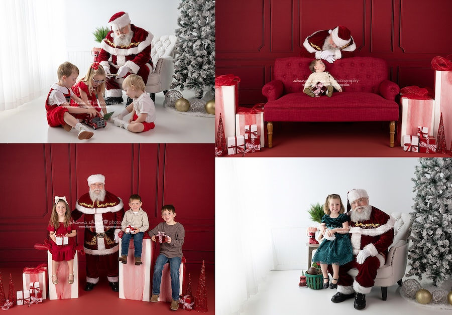 Santa with children, exchanging gifts in festive settings that include red and white decor, Christmas trees, and wrapped presents.