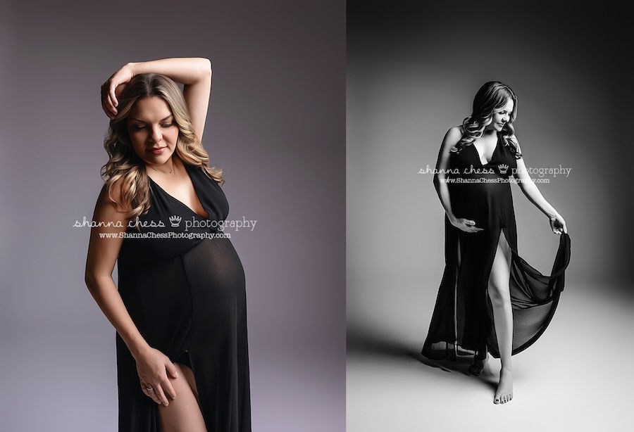 Woman in simple sheer black maternity gown with side slits posing during her maternity photo session in Eugene Oregon