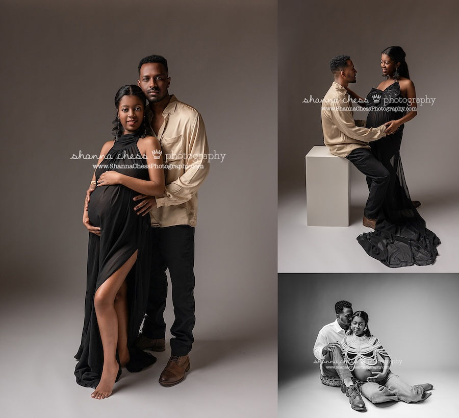 Black couple in various poses in portrait studio near Portland Oregon as they get ready to welcome their new baby girl