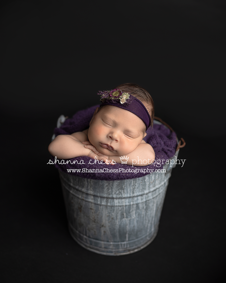 Baby girl asleep in rustic metal bucket, cushioned with a thick purple blanket and wearing a floral headband