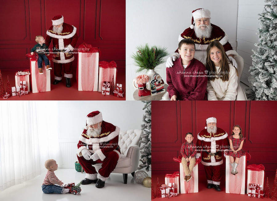 Santa with children in festive outfits, sitting on large gifts against a backdrop of red and white decor with trees and presents.