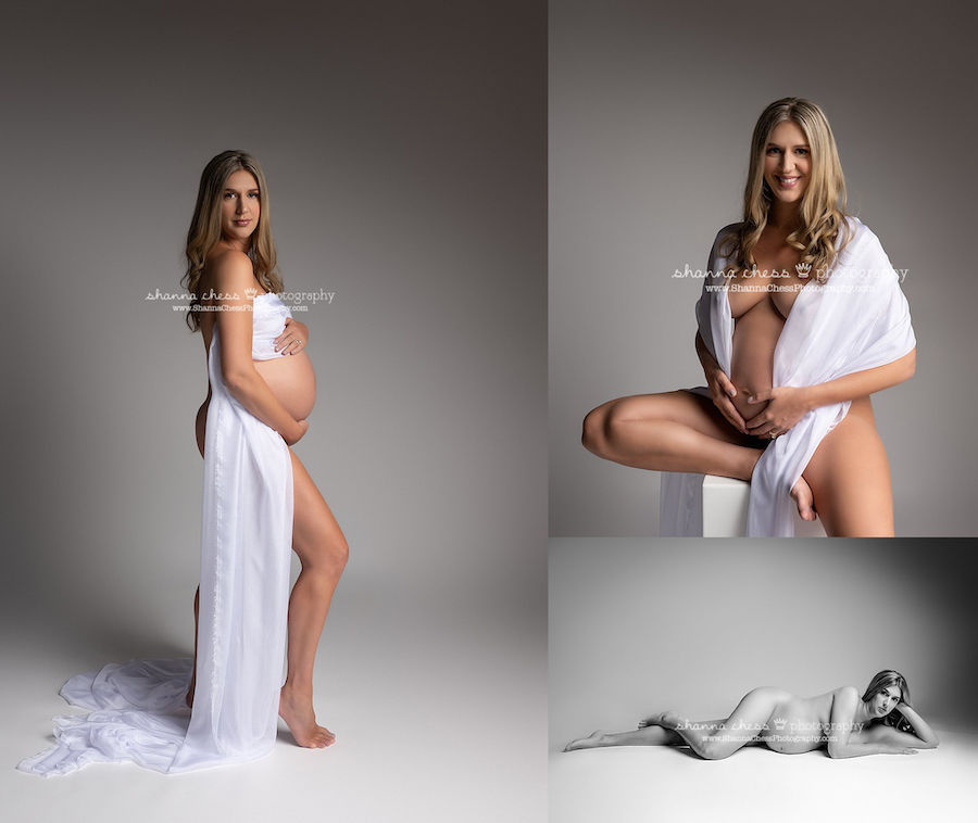 Implied nude maternity photos with woman in white wrap in Eugene Oregon photography studio