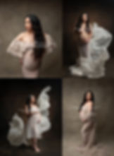 Pregnant with woman with long dark hair poses in cream and white maternity gowns with fabric toss
