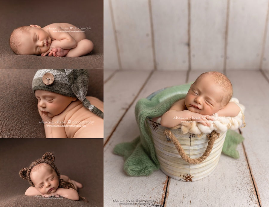 Collage of newborn boy in various poses, including asleep in a bucket with a sage green blanket, curled up on a brown background, and wearing a crochet bear cap.