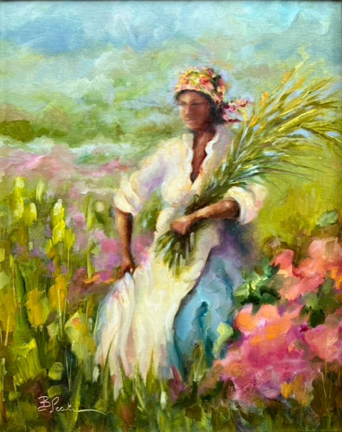 an oil painting of a woman in a marsh surrounded by flowers by artist Brenda Peake