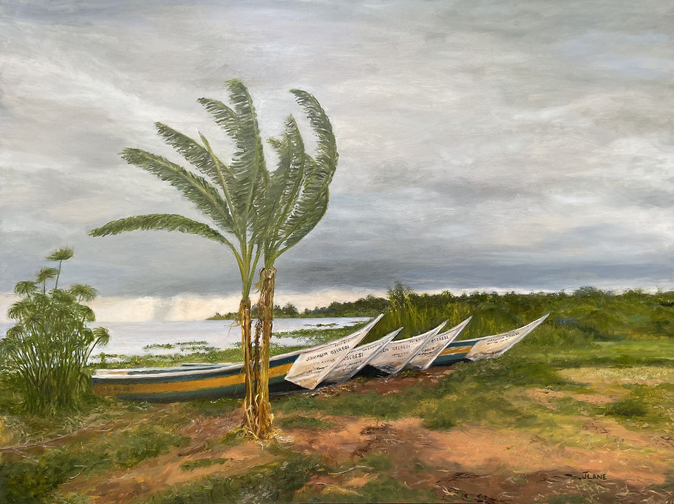 an oil painting of fishing boats by a Lake Victoria by artist Jan Lane