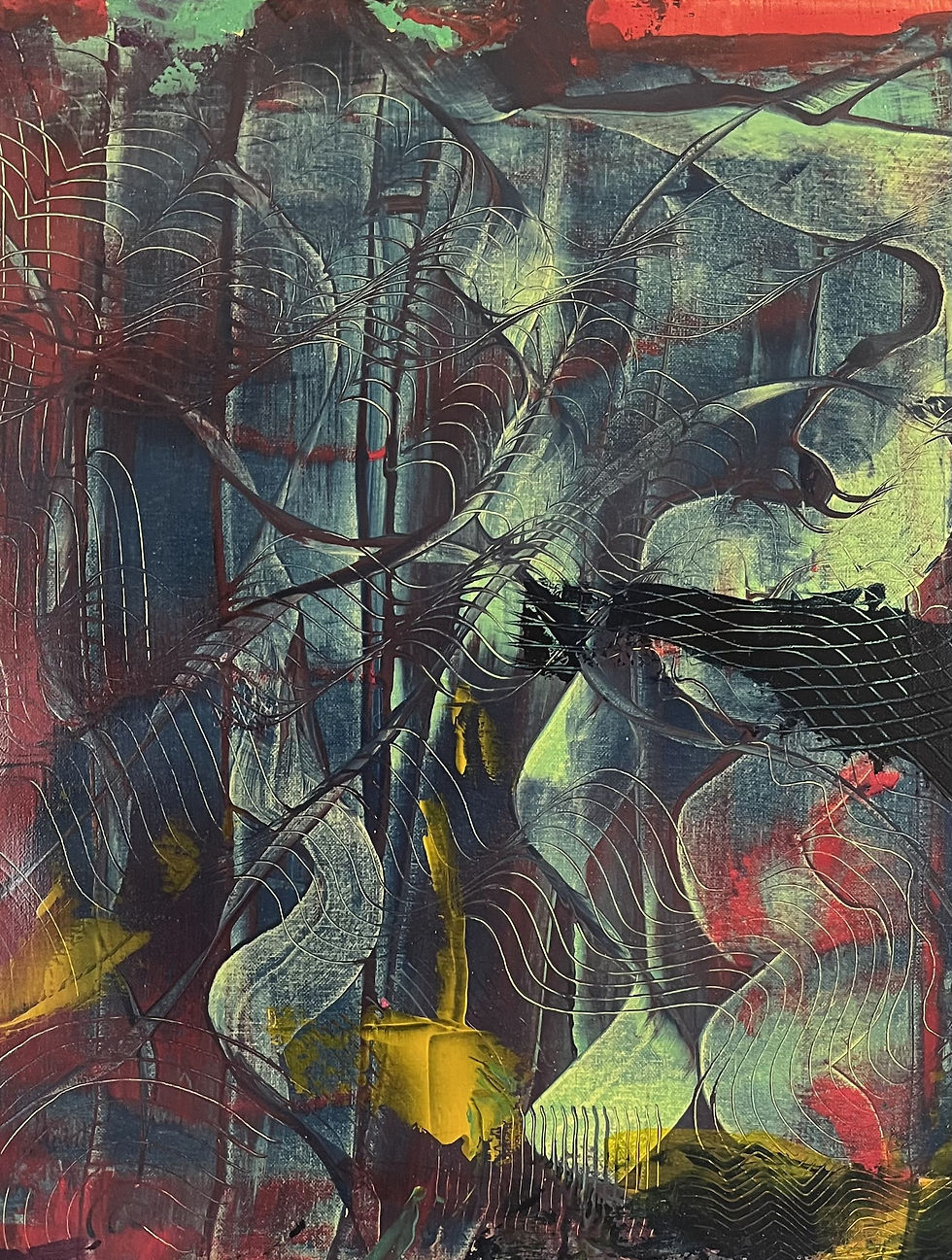 an acrylic abstract painting primarily in blue colors by artist, JD Davis