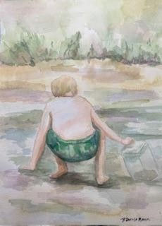 a watercolor painting of a young boy hunting for crawfish in a stream by artist Bobbi Mann