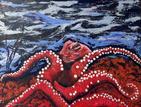 an acrylic painting of a red octopus by artist Bobbi Mann