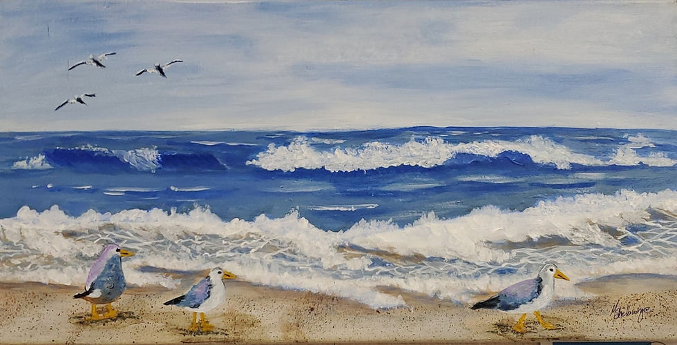 an acrylic painting of sea gulls at the ocean's edge by artist Margie Shelburg