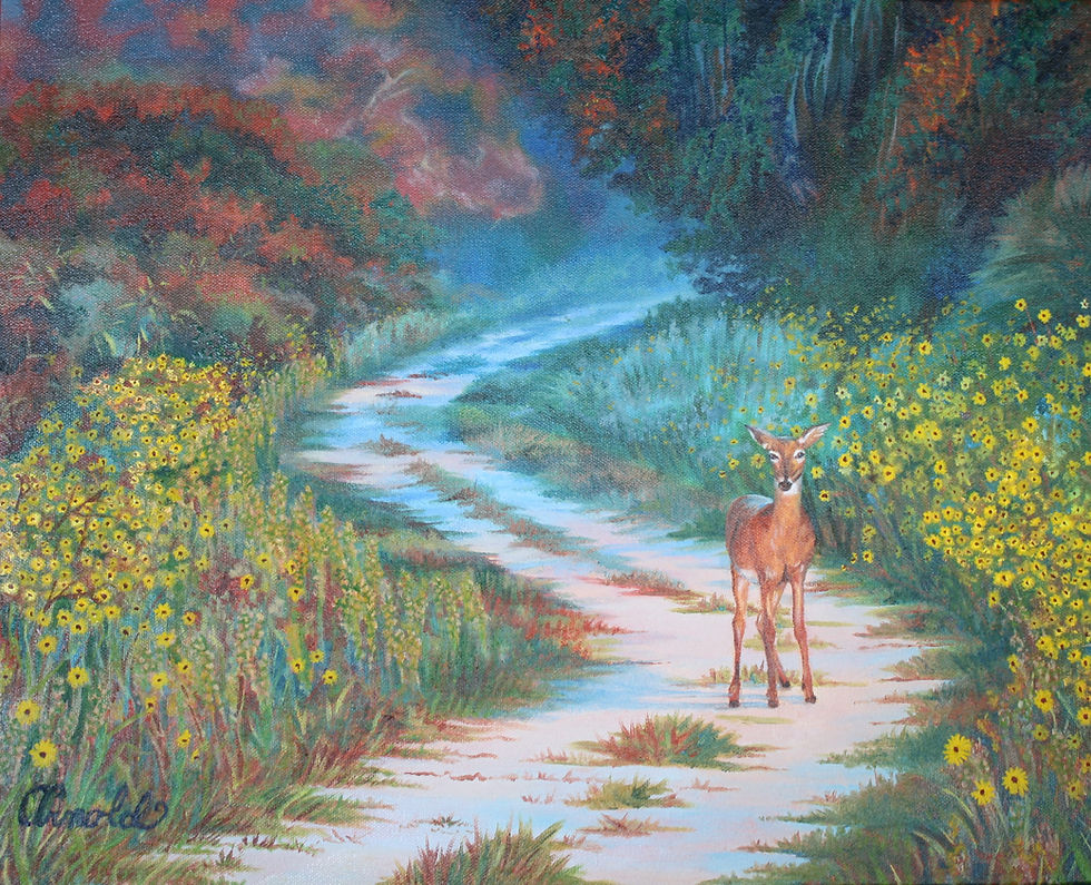 an oil painting of a deer on a woodland path by artist Stephanie Arnold