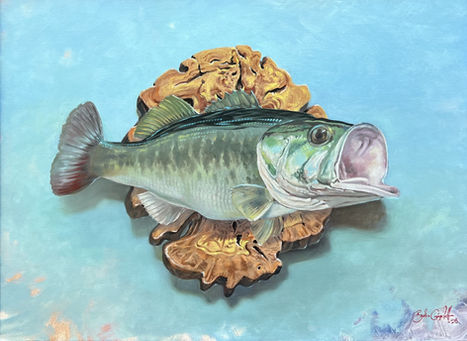 a fish mounted on a wooden slab