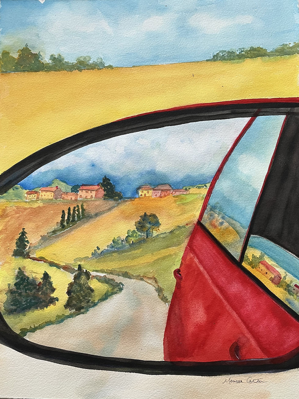 a watercolor painting of the view from a car's side view mirror by artist Maureen Carter