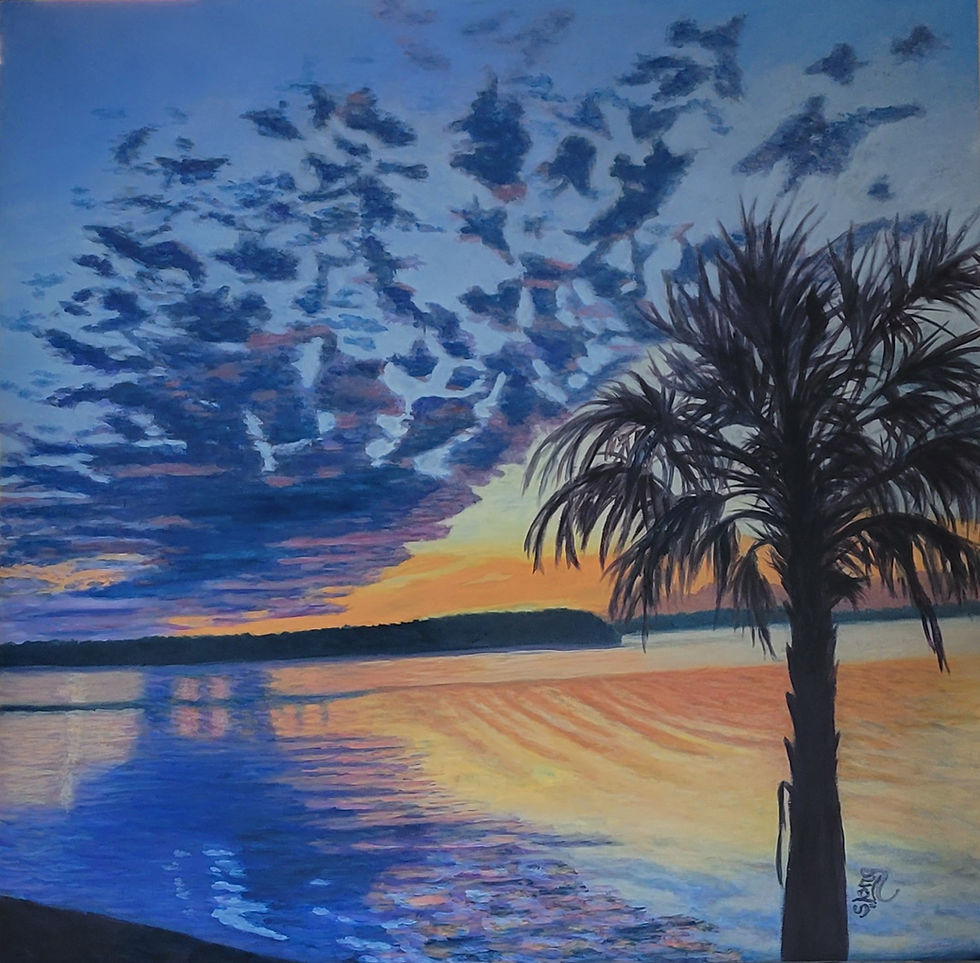 an oil painting of a palmetto tree beside the water in South Carolina by artist Shirley Long
