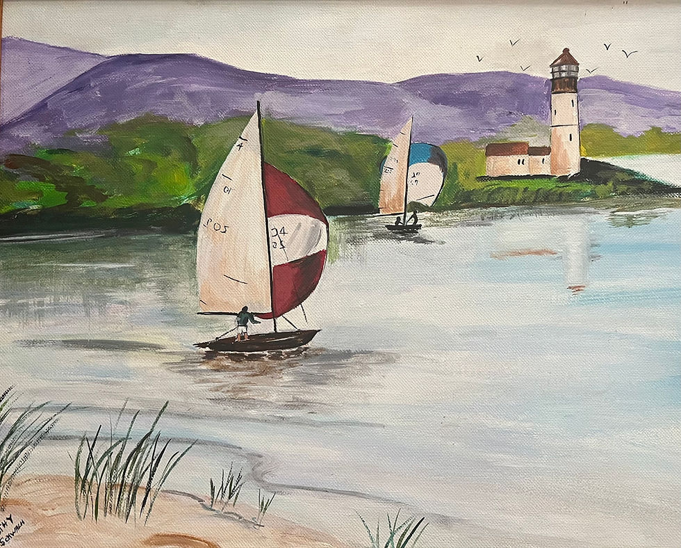an oil painting of sailboats on a lake in the summer by artist, Cathy Schwalm
