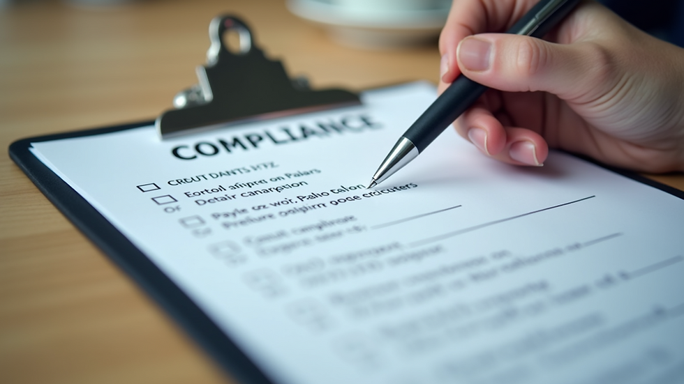 Close-up view of a compliance checklist on a clipboard with a pen