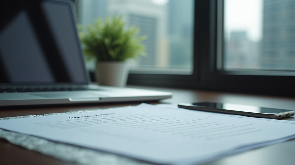 Eye-level view of a modern office desk with a laptop and documents related to data protection