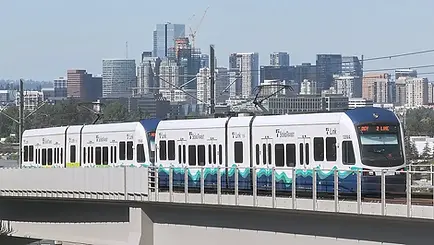 The Link Light Rail with downtown Seattle in the background.